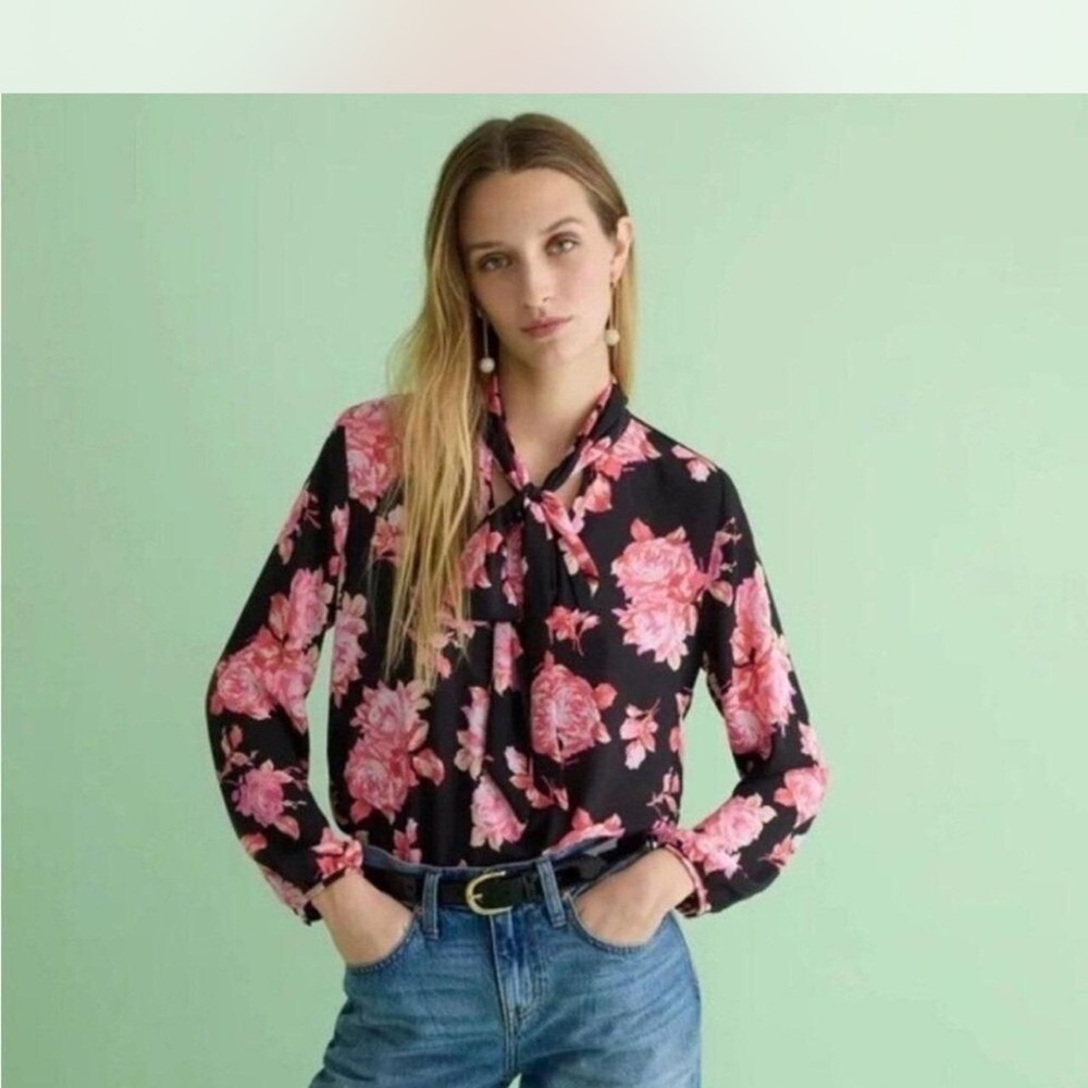 J. Crew Black Pink Floral Long Sleeve Tie Neck Blouse
